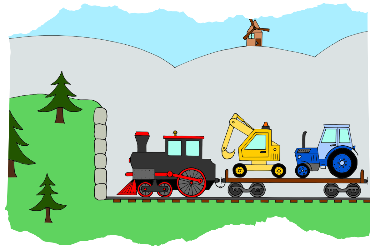 Autorská ilustrace vlak, traktor, bagr Hravé stroje úvodní obrázek webu